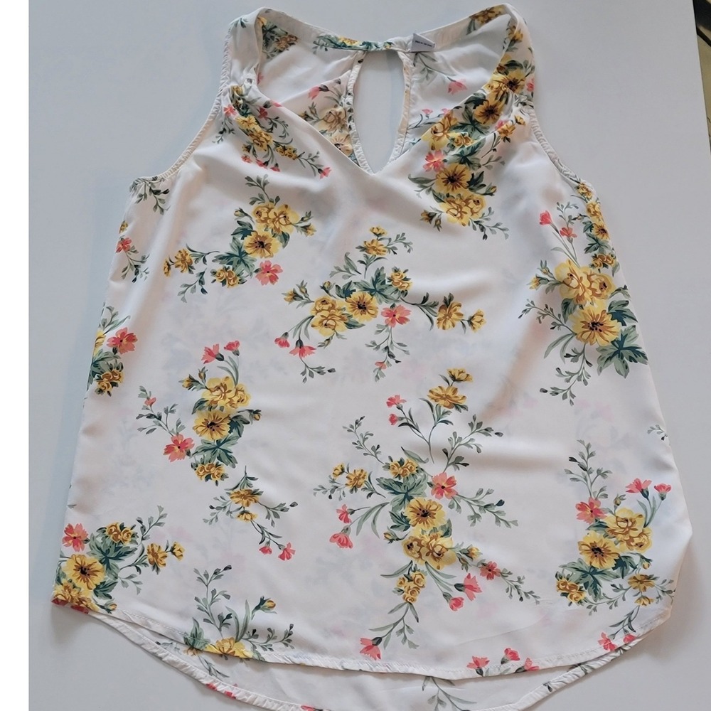 Old Navy Womens XS Floral Sleeveless Blouse White Yellow Pink Keyhole Back Top